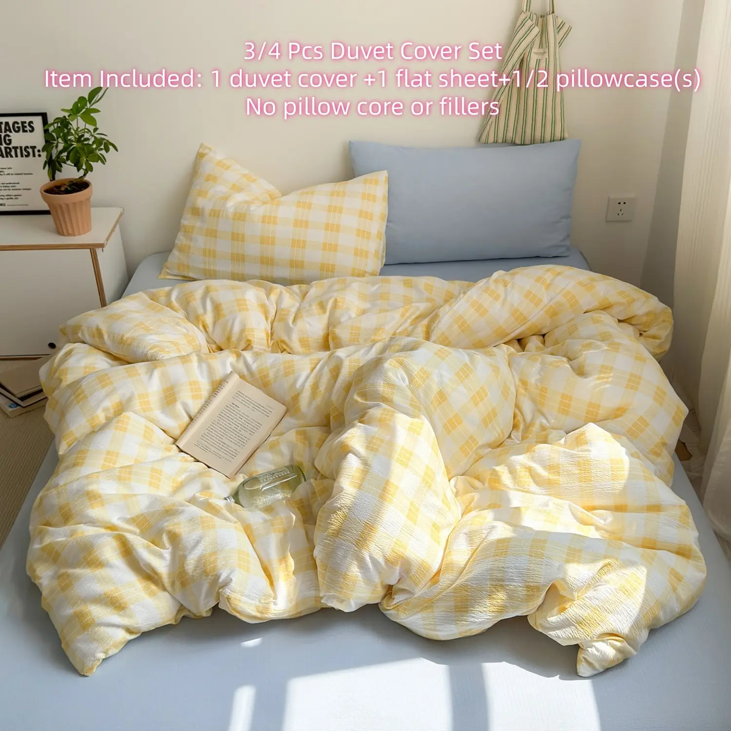 Gingham Duvet Cover Blue Yellow Plaid Checkered Comforter Cover 3/4 Pcs Soft Breathable Washed Microfiber Grid Farmhouse Bedroom Bedding Set with Pillow Shams Duvet Cover Sets(1 Duvet Cover+1 Flat Sheet+1/2 Pillowcases,Without Fillings)