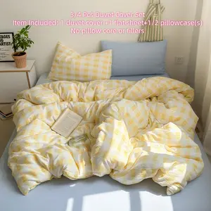 Gingham Duvet Cover Blue Yellow Plaid Checkered Comforter Cover 3/4 Pcs Soft Breathable Washed Microfiber Grid Farmhouse Bedroom Bedding Set with Pillow Shams(1 Duvet Cover+1 Flat Sheet+1/2 Pillowcases,Without Fillings)