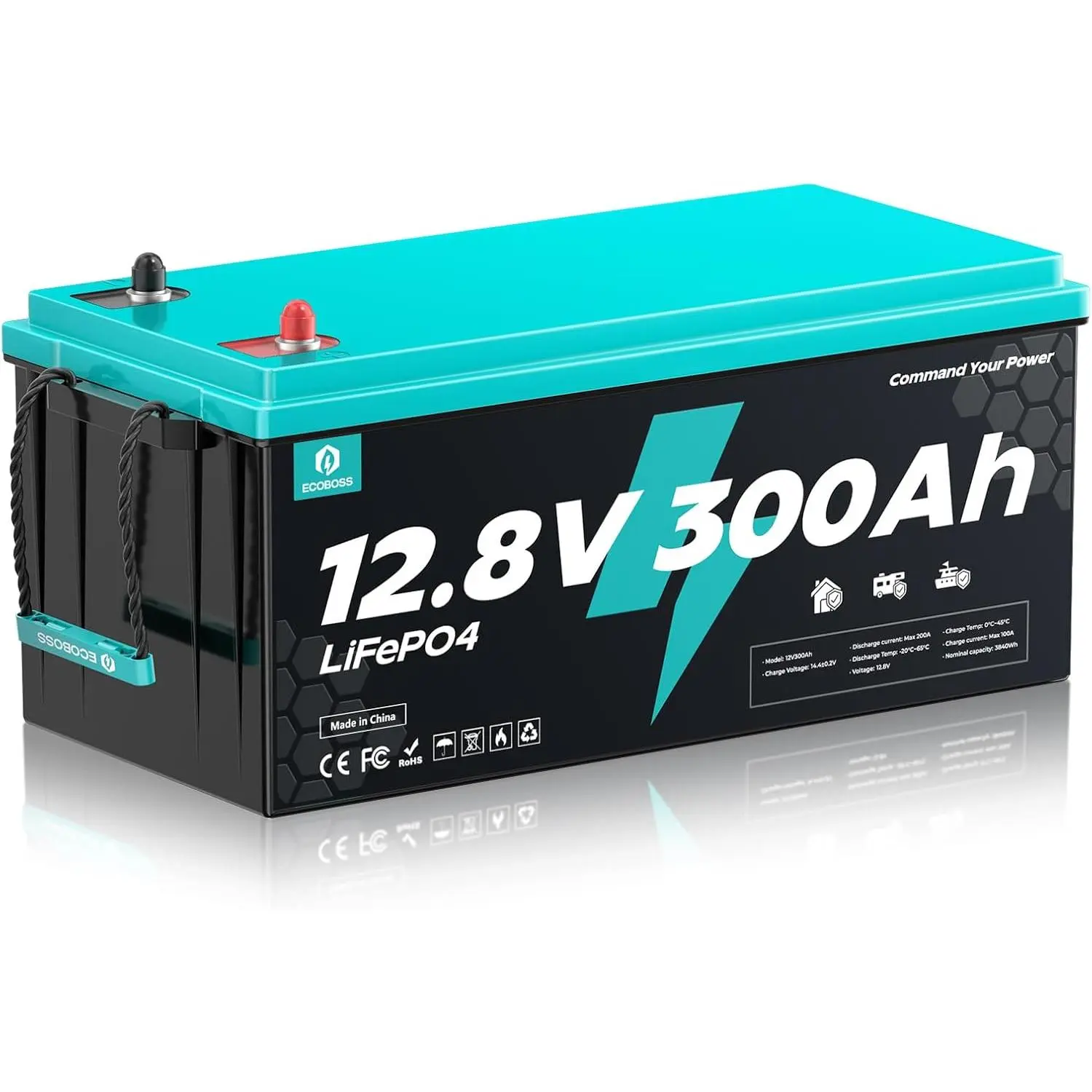 [TikTokShopBackToSchool] ECOBOSS 12.8V 300Ah High Capacity LiFePO4 Power Supplies, 3840Wh Deep Cycle Lithium Rechargeable Battery with 200A Smart BMS, Low Temp Cutoff, 15000+ Cycles for RV, Solar Use (Father's Day Gift) campingessentials