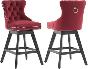 Velvet Bar Stools Set of 2, Modern Swivel Counter Height Chairs, Upholstered Kitchen Island Chairs with Button Tufted Back, Rivet Trim, Solid Wood Legs, 26" H Seat