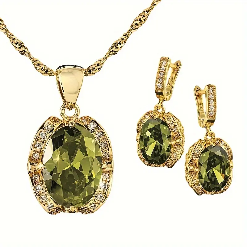 Olive Green zirconia Jewelry Set, 18k Gold-Plated Necklace And Earring Chain Festival Box