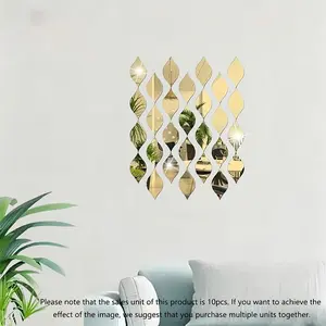 Set of 10 Leaf-Shaped Mirror Wall Stickers, 15 x 8 cm, 1 mm Thick Plastic Home Decor, Decorative Stylish PS Mirrors for Modern Interiors, Golden Wall Decoration