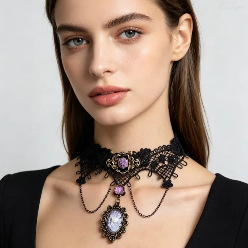 Gothic Lace Choker Necklace for Women, Victorian Ribbon Collar with a Purple Cameo Pendant and Antique Bronze Floral Frame, Dark Gothic Necklaces, Formal, Alternative Fashion Necklaces
