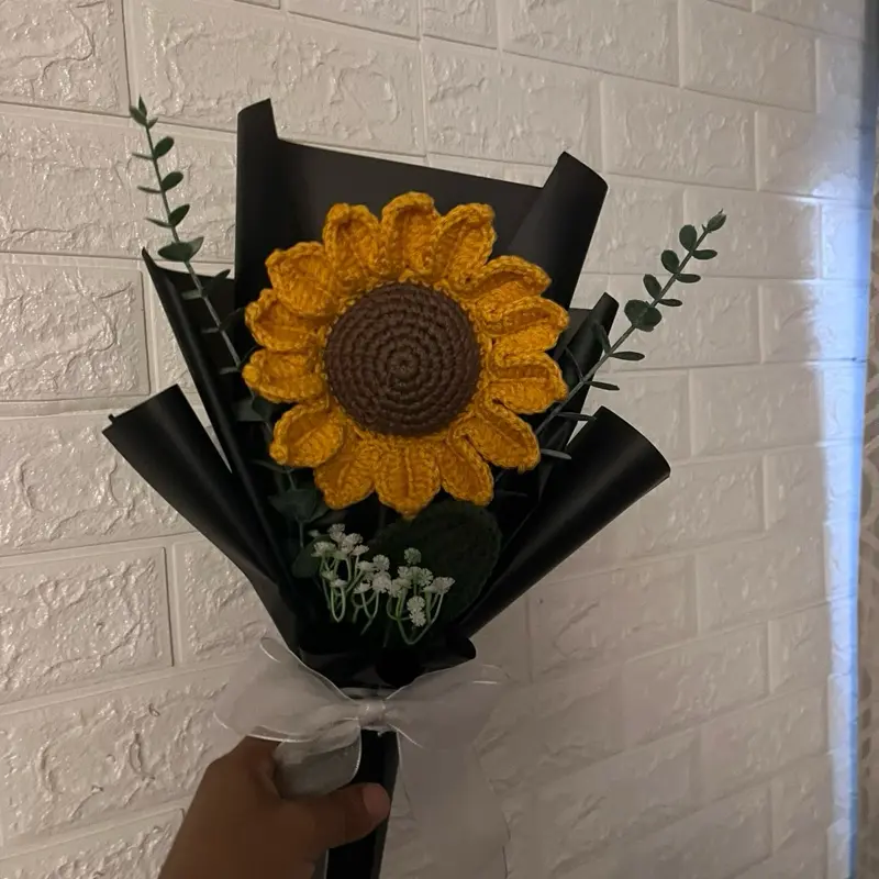 Sunflower Crochet Flower Girasol a Crochet Handcrafted Yellow Floral Bouquet with Greenery and White Accents