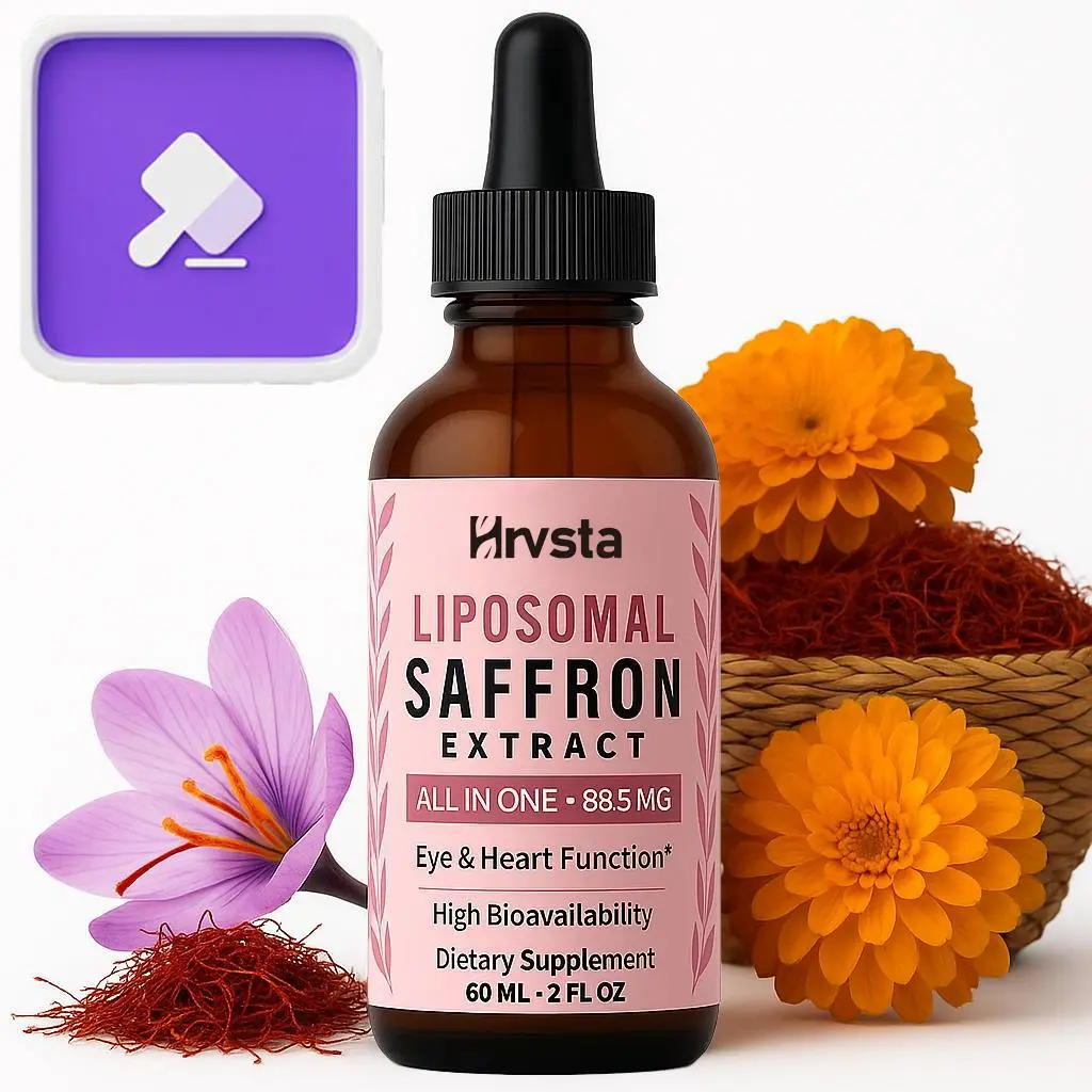 $1 AUCTIONS Hrvsta Organic Liposomal Saffron Dietary Wellness Supplement - 88.5mg Extract, High Absorption Drops with Ashwagandha, Turmeric, Magnesium, Zinc, B12, D3, Vitamin C, Focus Enhancer, 60ml, 60 Servings