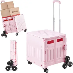 VEVOR Foldable Utility Cart, 65L Collapsible Portable Crate Rolling Cart with Stair Climbing Wheels & 360 °   Swivel Wheels, Hand Cart with Telescoping Handle for Shopping Office Moving Teacher, Pink