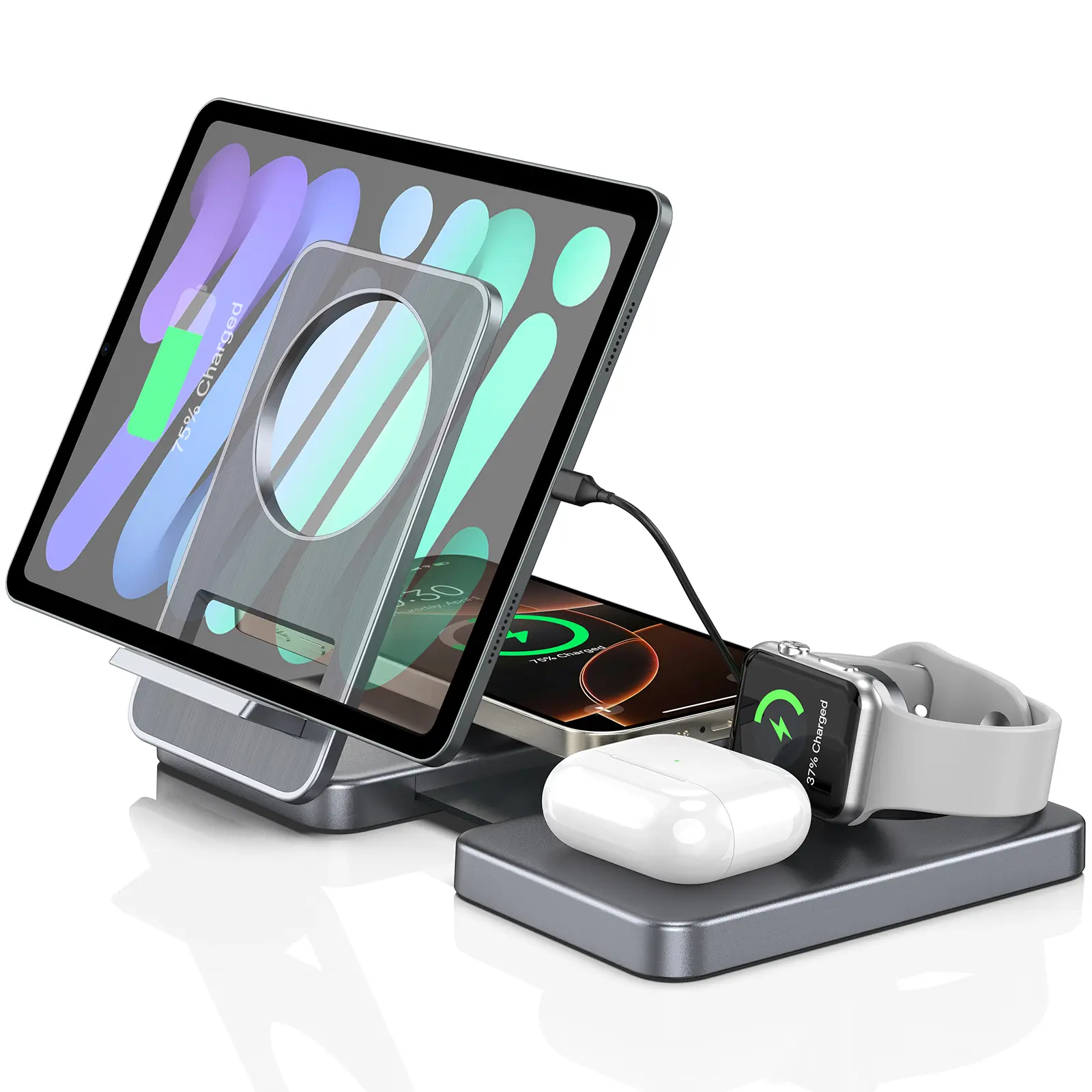 4-in-1 wireless charger and charging station compatible with Apple, Samsung, and Android devices – comes with a 45W power adapter, suitable for iPhone / Samsung Galaxy / Google Pixel / iPad / Samsung Tab / other tablets / earphones / Apple Watch,Foldable.