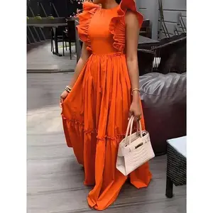 [Elegant Orange Ruffle Dress] Orange Elegant A-line Dress - Ruffle trim, casual round neck, waist cinch, polyester and spandex blend, machine washable - perfect for spring/autumn fashion event fabric women's wearRAIMENTRY
