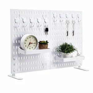Tabletop Peg Board Display Stand with 10 Hooks & 2 Trays, No Drilling, Freestanding Portable Plastic Pegboard for Vendor Office Home Dorm Apartment, White