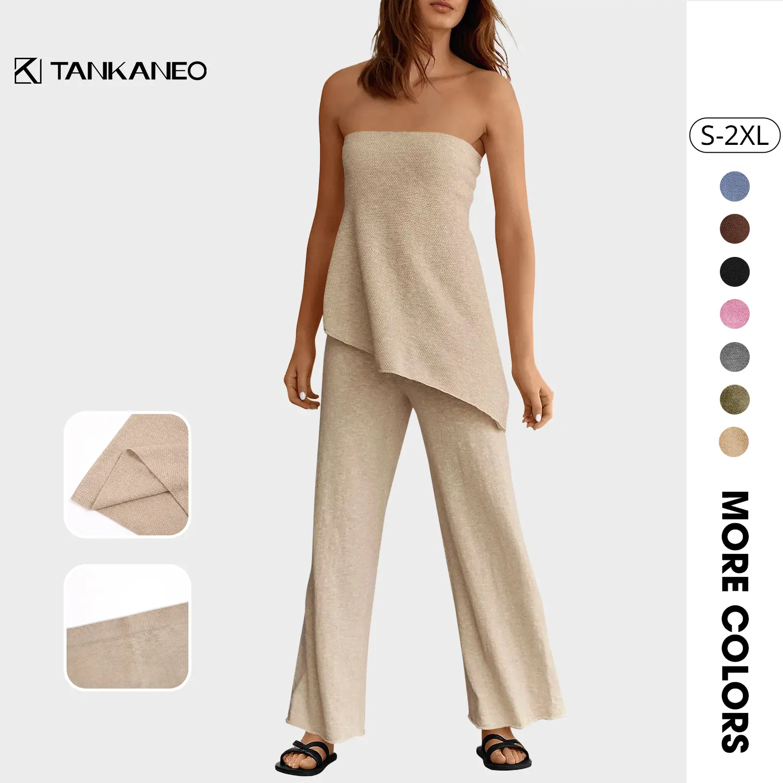 Tankaneo Womens 2 Piece Outfits Asymmetrical Tube Top Wide Leg Pants Knit Vacation Travel 2025 Matching Lounge Sets