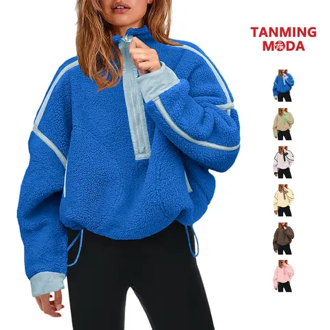 TanmingModa Women's Plus Size Half-Zip Sherpa Fleece Pullover Hoodie, Soft Oversized Polyester Tops with Pockets, Long Sleeve Casual Basic Warm Fuzzy Sweatshirt for Party, Thanksgiving