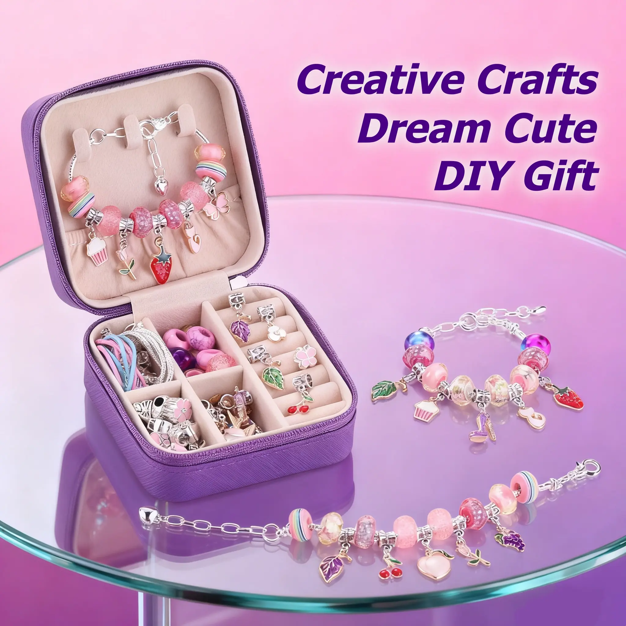68Pcs Colorful Iridescent Girl Charm Bracelet Making Kit for Girls and Women Cute Pink and Purple DIY Jewelry Set with Special Handbag Charms and Beads Arts & Crafts Idea Birthday New-Year Christmas Grad Bestie Toy Gift for Girls