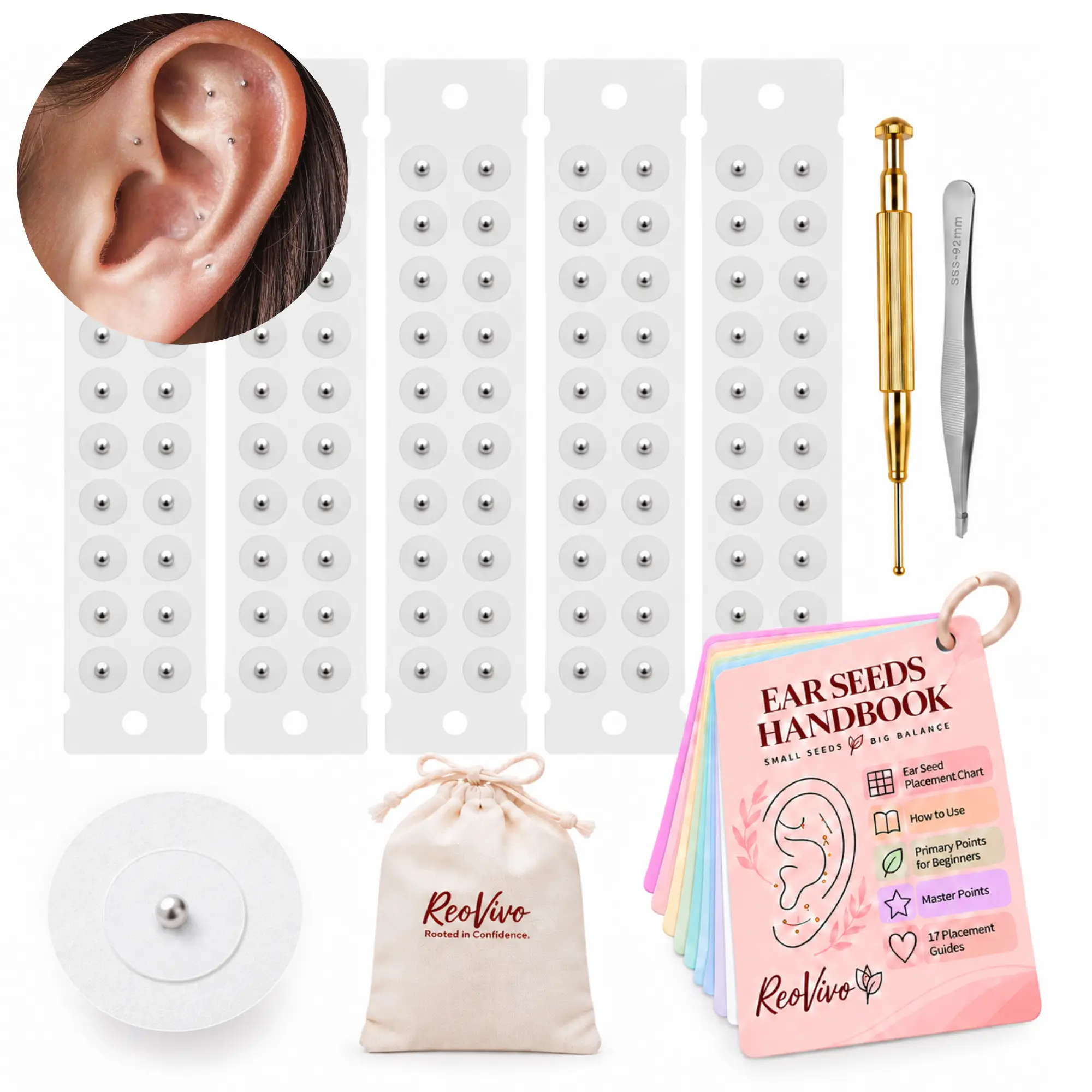 100PCS Silver Brass Ear Seeds Kit - Body Jewelry Ear Care Set with Massage Stick, Chart-Guided Points, Adhesive Stickers for Daily Beginner-Friendly At-Home Self Care