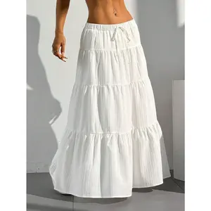 SYHAN 2026 Latest Flowy White Maxi Skirt AH3098956 with Tie Waist Ruffled Hem High-Low Design for Spring Summer Fall Women's Fashion Casual to Formal Attire - Bottom, Womenswear