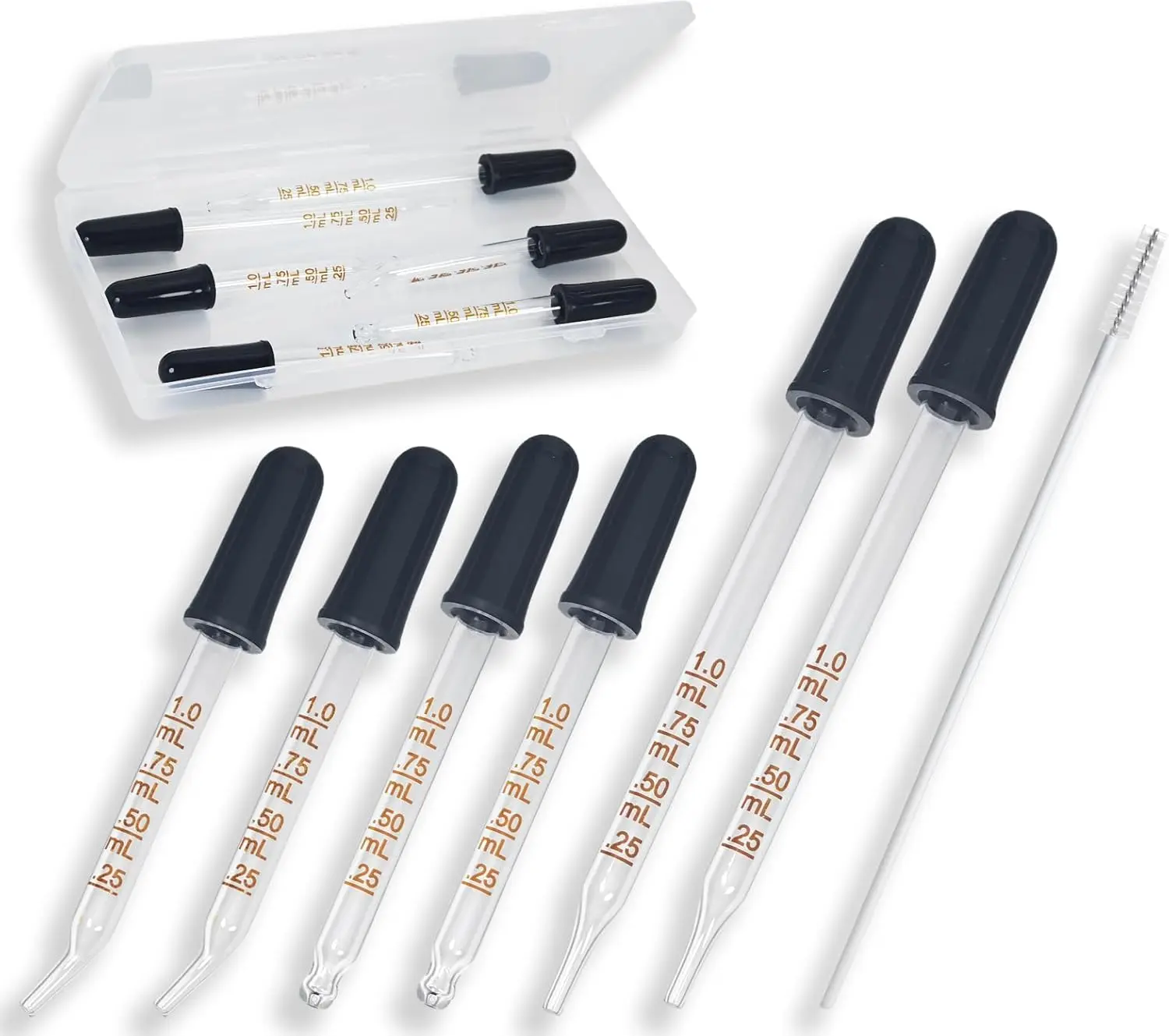 6 Pack Glass Pipette Dropper with Brush - Bent & Straight Tips, 1 ml Eye Droppers for Essential Oils, Lab, Crafts, Measuring and Transferring Liquids