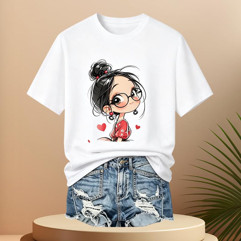 Kawaii Cute Girl with Glasses Graphic Tee | Soft Cotton Casual Short Sleeve | Sweet Heart Aesthetic Crewneck Top (S-5XL)