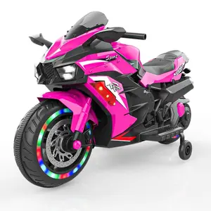 Hnh Kids 12V Electric Ride-on Motorcycle for 2-5 Years Old Pink Battery-Powered with Training Wheels Engine Sounds USB Music Ideal Gift for Boys Girls Motorbike