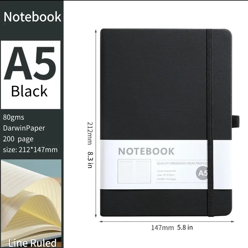 A5 Hardcover notebook Line Ruled,200 pages | 80 gsm, Ink-proof, A6 Hardcover notebook PU Leather