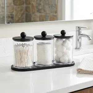 3 Pack Qtip Holder Bathroom Organizers and Storage Box Cotton Swab Holder with Tray for Cotton Balls and Dental Floss, Clear Apothecary Jars with Lids