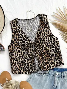 Women's Casual Leopard Print Tie-Back Vest, European and American Style, Comfortable and Stylish, Perfect for Daily Wear