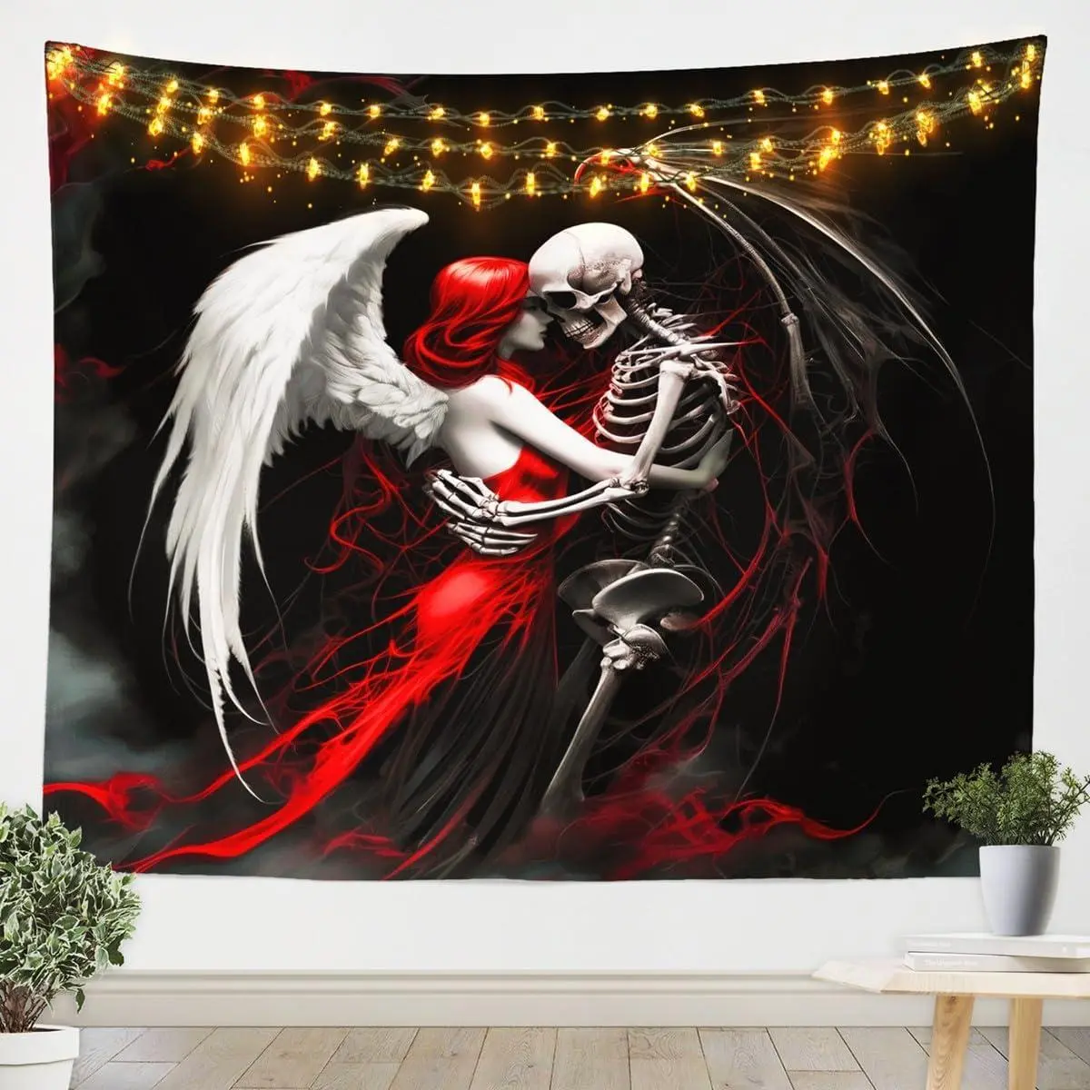 Gothic Skull Couple Tapestries Medium 59X59,Valentine'S Day Tapestry Skull Skeleton Tapestry Wall Hanging Red Black Angel Skeleton Wall Art Decor Bedroom Men Women Room Decor