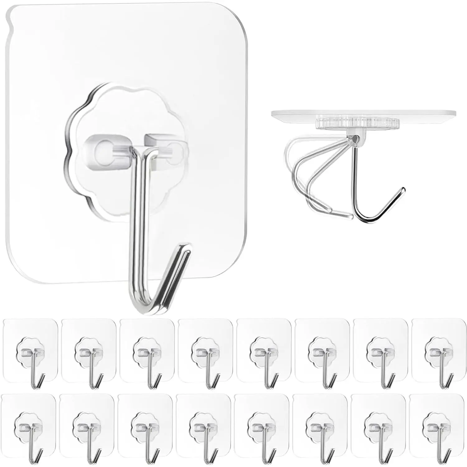 Adhesive Wall Hooks for Hanging, 16 Pack Self Sticky Heavy Duty 22lb Clear Removable Shower Hook No Damage for Towel Key Coat Wreath Picture Outdoor Ceiling Bathroom Kitchen, Waterproof