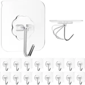 16 Pack Clear Adhesive Wall Hooks, Heavy Duty 22lb Self Sticky Removable Waterproof Hooks, No Damage for Hanging Towel Key Coat Wreath Picture Bathroom Kitchen Ceiling Outdoor