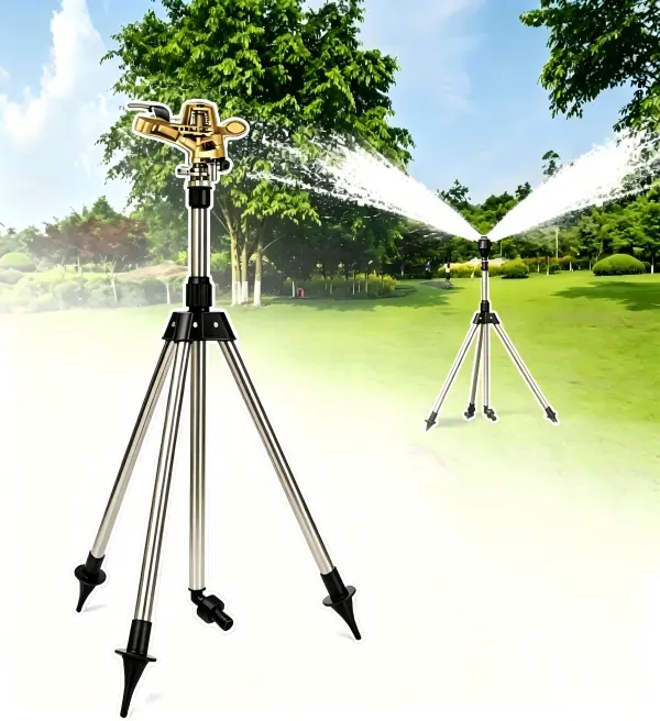 360° Coverage Tripod Garden Sprinkler, Adjustable Zinc Alloy Impact Sprinkler with 45cm-90cm Telescoping Stainless Steel Base, 50cm Stable Base for Lawn Irrigation Watering