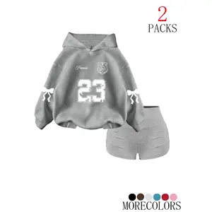 Women’s autumn and winter hooded drawstring sweatshirt set, fashionable and simple design, with a branch print, casual loose pocket top GARMENTARY
