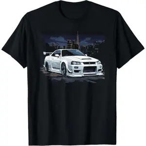 Men's Unisex Classic Casual Cotton Fabric White GT-R 34 Skyline JDM Car Enthusiast Streetwear Graphic T-Shirt, Vacation Outfit Top