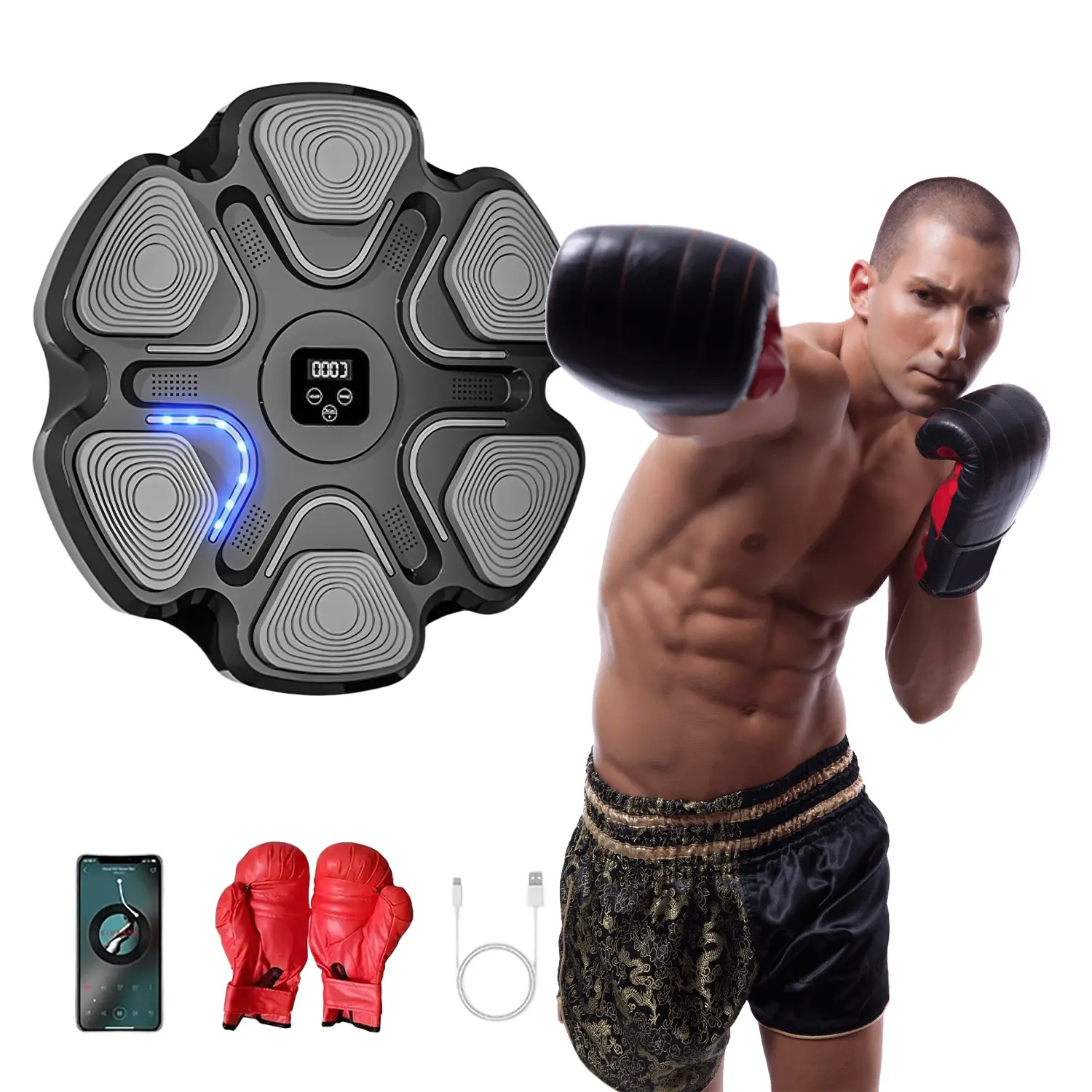 Interactive Boxing Trainer, Wall-Mounted Training Boxing Equipment with Bluetooth Music and Gloves, Type-C Rechargeable for Adult Home Workouts
