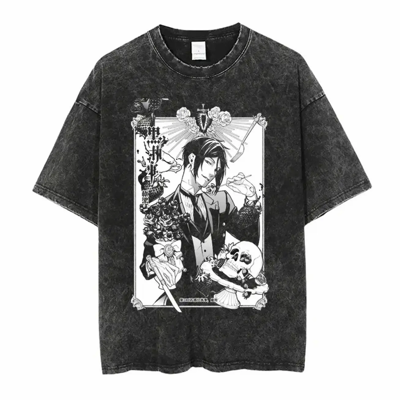 Men's Oversized Graphic Tshirt, Vintage Distressed Black Butler Anime Print, Shortsleeve Round Neck Cotton Casual Streetwear, Casual Fit, Soft Cotton, Distressed Look, Graphic Print ATS