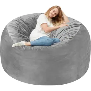 Homguava 4 FT Bean Bag Chair: 4' Bean Bags with Memory Foam Filled, Large Beanbag Chairs Soft Sofa with Dutch Velvet Cover-Light Grey