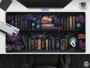 Witchy Purple Bookshelf Desk Mat, Celestial Floral Books & Magic, Fantasy Witchcraft, Large Gaming Desk Mat