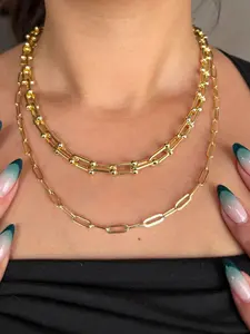 PAVOI U Shaped & Paperclip Necklaces Bundle - 14K Gold Plated 2 Pack Chain Necklace for Women - Bold Chunky Statement Chain & Dainty Paperclip Link Chain Set - Trendy Layered Gold Necklaces for Everyday & Fashion Jewelry