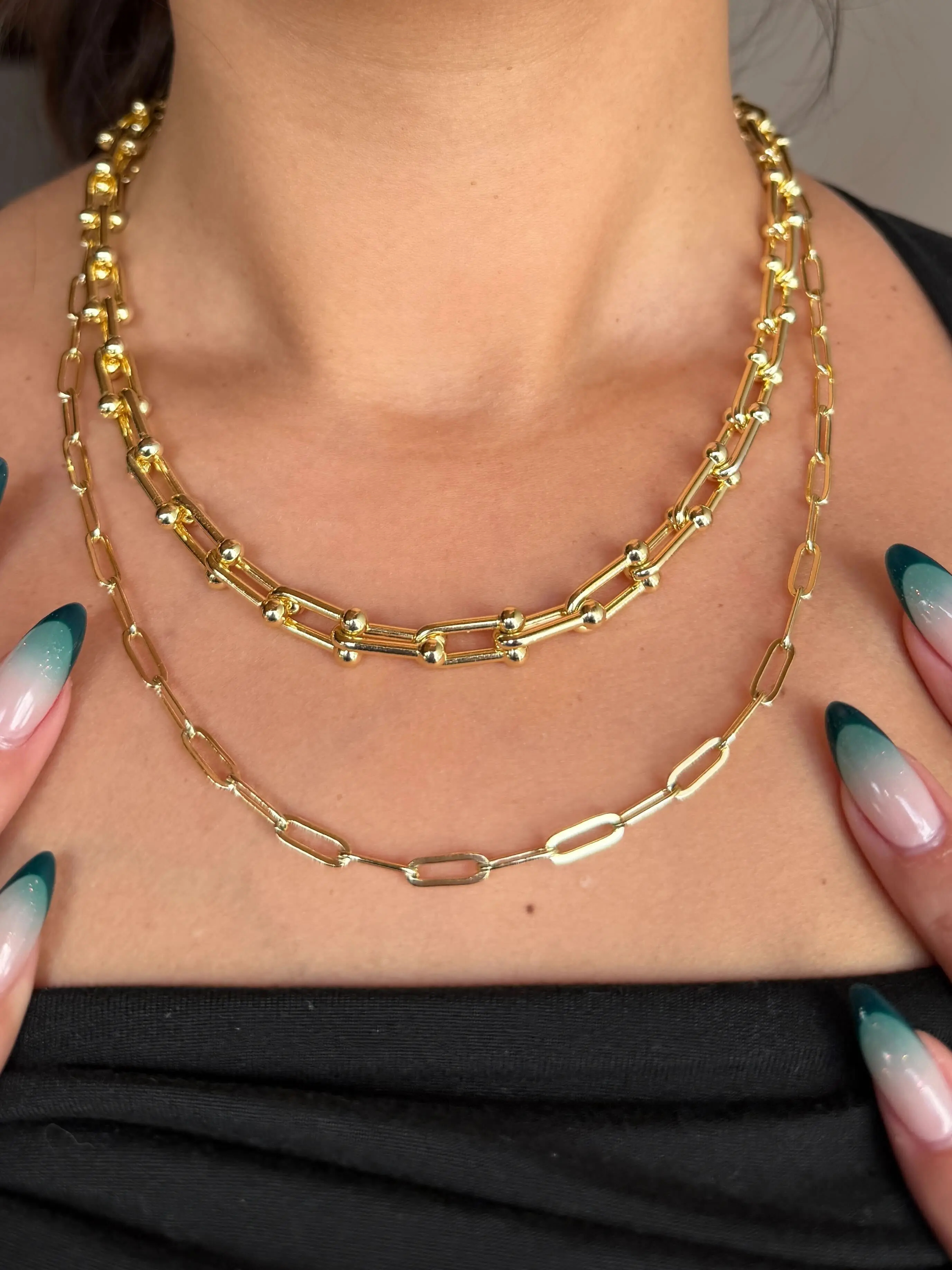 PAVOI U Shaped & Paperclip Necklaces Bundle - 14K Gold Plated 2 Pack Chain Necklace for Women - Bold Chunky Statement Chain & Dainty Paperclip Link Chain Set - Trendy Layered Gold Necklaces for Everyday & Fashion Jewelry