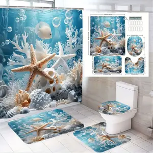1/4pcs Ocean Breeze Coastal Bathroom Decor Set - Vibrant Underwater Scene Shower Curtain with Starfish & Coral Reef Art, Matching Bath Mats & Toilet Lid Cover - Perfect for a Serene Beach Vibe in Your Home Sanctuary