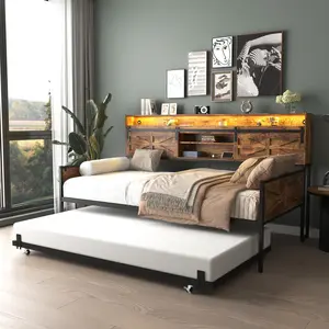 Twin Daybed with Trundle and Charging Station, Farmhouse Daybed Frame with Sliding Barn Door Wood Storage Headboard and LED Light for for Living Room,Bedroom,Guest Room (Black+Brown)