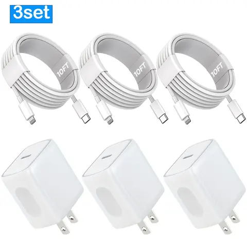 SANPRIO 1/2/3-Pack iPhone Charger Fast 20W USB Charging Block Adapter with 10FT USB-C to Lightning Data Sync Cord for iPhone 14/13/12/11 Pro Max, Xs-Xr, X, 8
