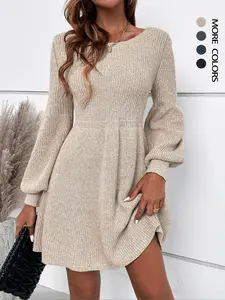 Women's Plain Lantern Sleeve Sweater Dress, Casual Long Sleeve Round Neck A Line Dress for Fall & Winter, Women's Knitwear for Daily Wear