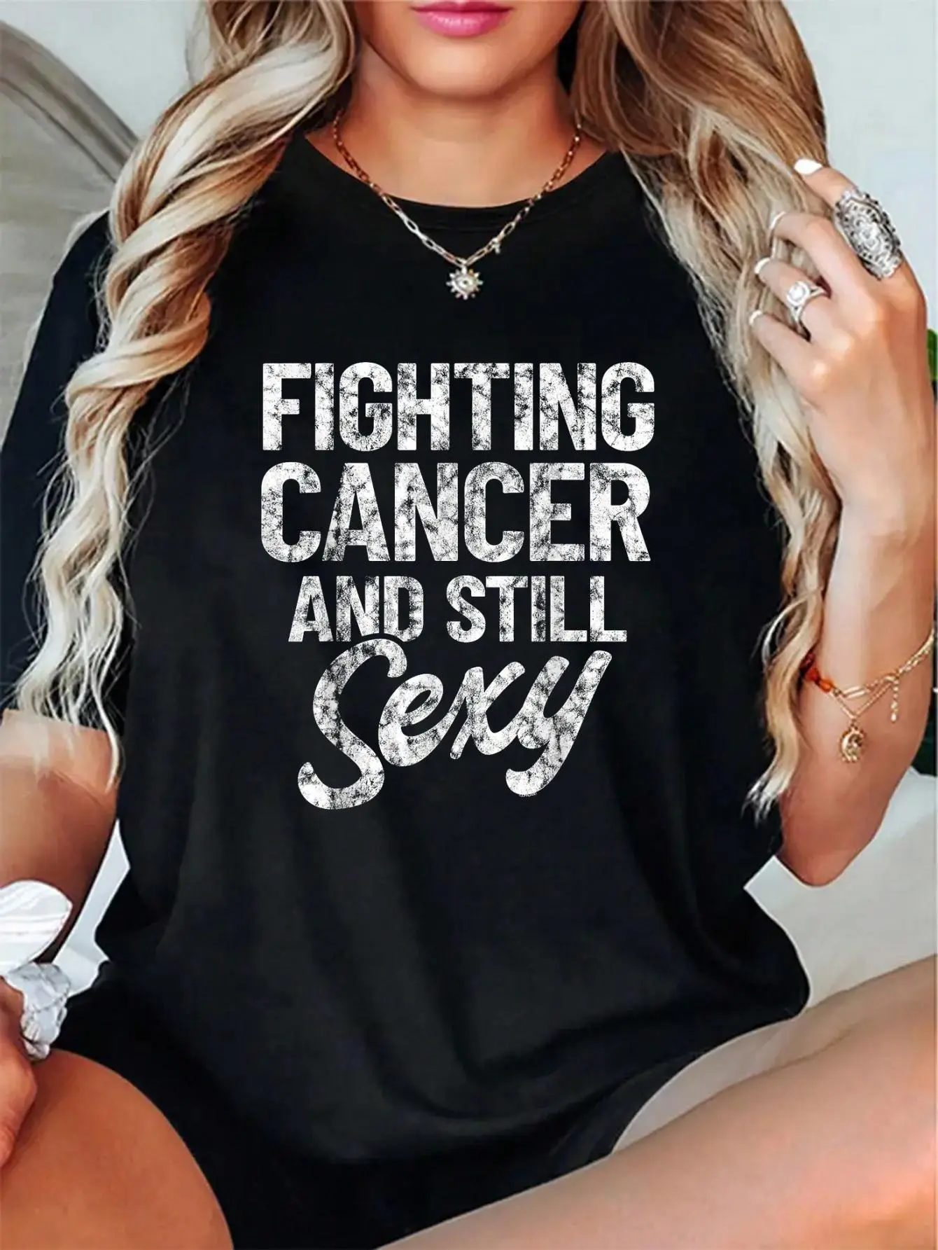 Women's Cute Crew Neck Chemo Warrior Vintage Graphic T-Shirt - 100% Cotton Breathable Short Sleeve Relaxed Fit 'Fighting Cancer' Vibe Top for Everyday Wear, Love, Jacket, Style, Print, Round Neck, Fabric, Casual, Digital Print, Tee, All Seasons, Shortslee