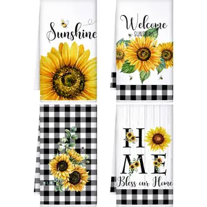 Sunflower Kitchen Towels 4 Pcs Spring Summer Gifts Absorbent Sunshine Yellow Grid Fast Drying Decor Housewarming Gift for Cooking Bathroom Kitchen Decor