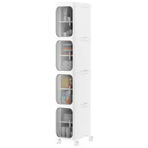 4-Tier White Mobile Gap Storage Organizer Cabinet With Wheels, Adjustable Shelving Compact Unit For Restricted Home Spaces