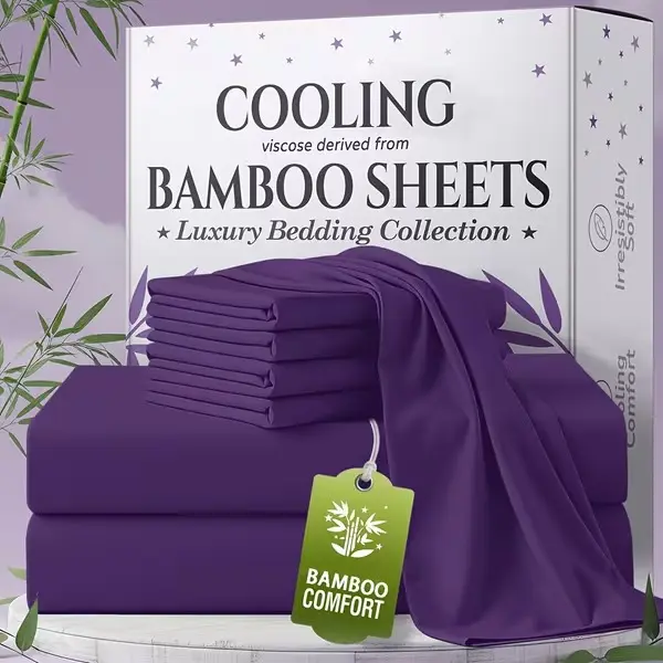 4/6PCS Bamboo Bed Sheet Set Queen Size, Extra Deep Pocket Cooling Sheets, Soft Breathable Wrinkle Free Bedding with Pillowcases for Deep Mattresses