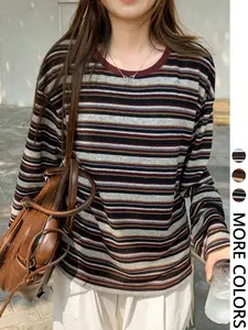 Women's Casual Striped Long Sleeve T-Shirt, Comfortable Cotton Tee for Daily Wear, Stylish Ladies' Top for Spring & Fall Seasons