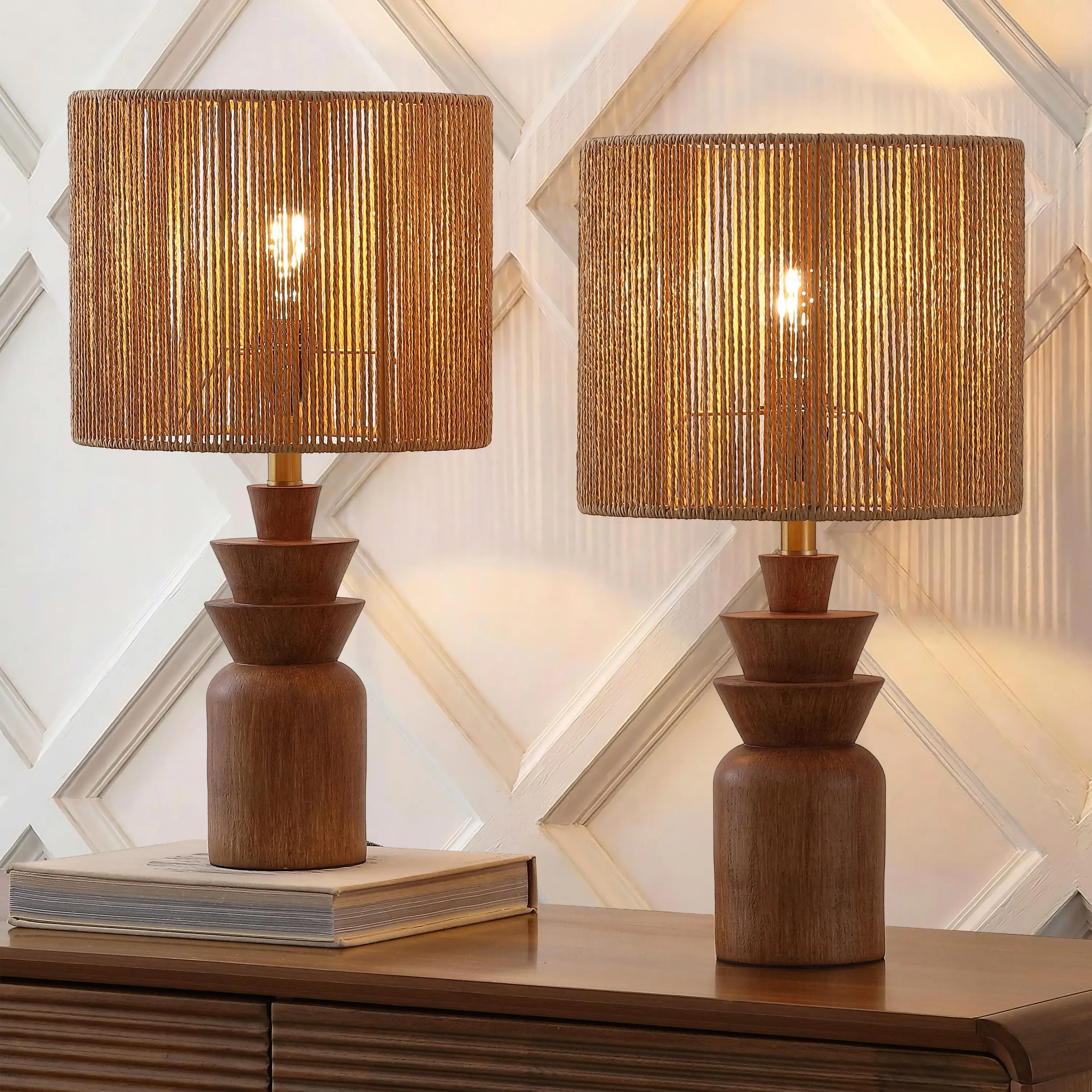 JONATHAN Y Anderson 22" Totem Table Lamp Set of 2, Resin Base, Hand-Woven Paper Rope Drum Shade, Rattan-Look, Bohemian Coastal Ambient Lighting, Brass Gold Metal Base, LED Bulbs Included, Dresser Room Decor