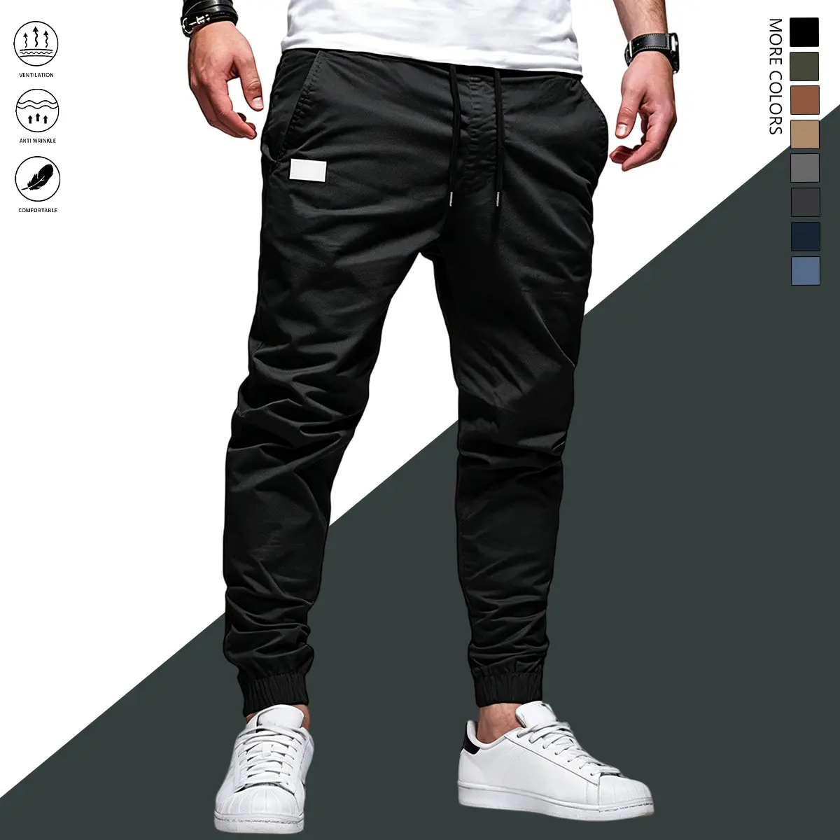 Men's Casual Cargo Joggers, Loose-Fit Fashion Pants in Dark Gray with Leather Patch for Outdoor Sports & Workouts, Fashion Clothing