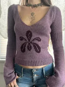 Autumn Winter New Fashion Casual Vintage Floral Jacquard Knitting Slim Fit Long Sleeve Sweater Knit Tops V Neck Y2K Aesthetic Pullover Knitwear Womenswear Lightweight Knit Pullover Knit Sweater Clothing