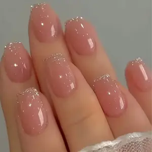 2-Set 48pcs Short Ballet Press On Nails, Gloss Glitter Fake Nails, Full Cover Coffin Pink and White French Style False Nails, For Women And Girls