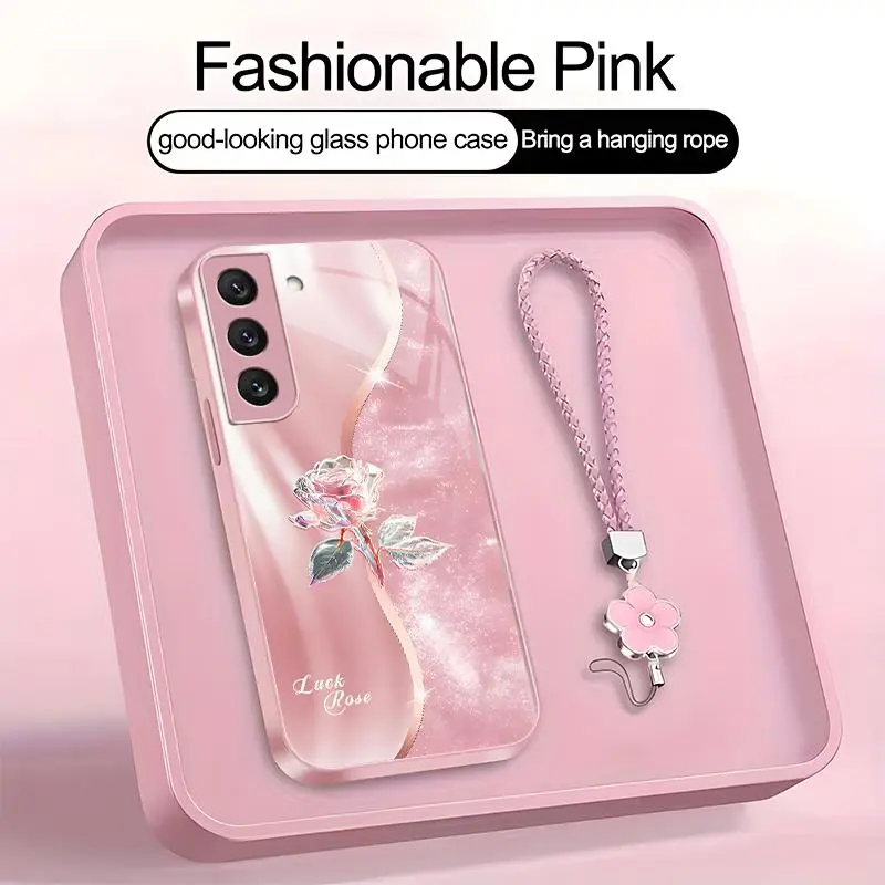Suitable for [Galaxy S22 5g] high-end women's phone case🤩，a beautiful four-leaf clover lanyard is included🍀,high-quality crystal rose pattern with a sophisticated look, available in a variety of color YM99